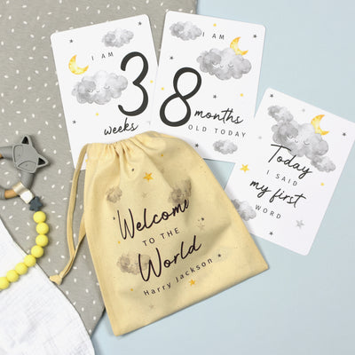 Personalised Cloud Baby Milestone Cards In Drawstring Bag Greetings Cards Everything Personal