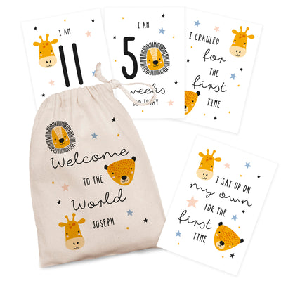Personalised Zoo Milestone Cards in Drawstring Bag Greetings Cards Everything Personal