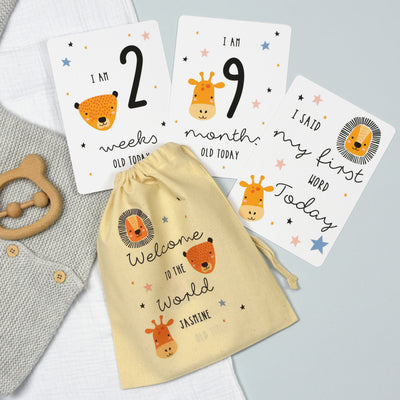 Personalised Scandi Safari Animals Milestone Cards in Drawstring Bag Greetings Cards Everything Personal