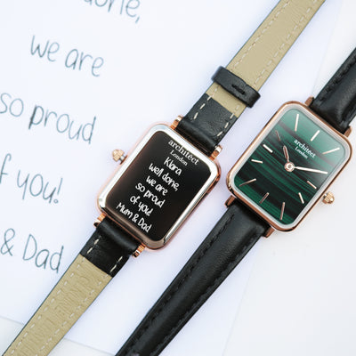 Ladies Personalised Architect Lille Watch with Pine Green Face & Black Leather Strap Engraved with Your Own Handwriting or Drawing Jewellery Everything Personal
