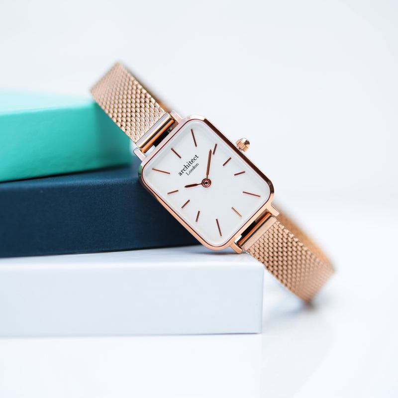 Ladies Personalised Architect Lille Watch with a Rose Gold Mesh Strap Engraved with Your Own Handwriting or Drawing Jewellery Everything Personal