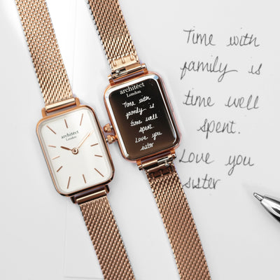 Ladies Personalised Architect Lille Watch with a Rose Gold Mesh Strap Engraved with Your Own Handwriting or Drawing Jewellery Everything Personal