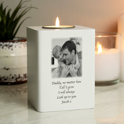 Personalised Photo Upload White Wooden Tea light Holder Candles & Reed Diffusers Everything Personal