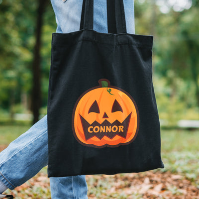 Personalised Pumpkin Halloween Treats Black Cotton Bag Textiles Everything Personal