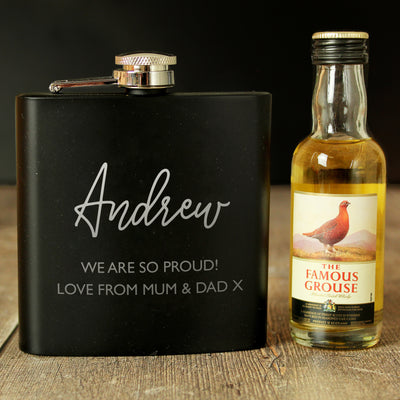 Personalised Free Text Hipflask and Whisky Miniature Set Alcohol Everything Personal
