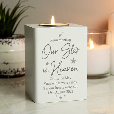 Personalised Our Star In Heaven White Wooden Tea light Holder Candles & Reed Diffusers Everything Personal