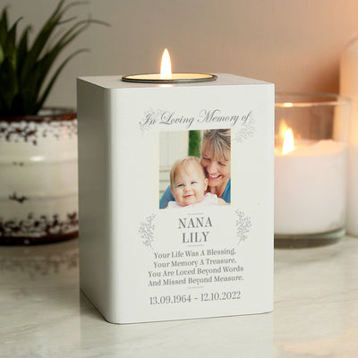 Personalised Memorial Photo Upload White Wooden Tea light Holder Candles & Reed Diffusers Everything Personal