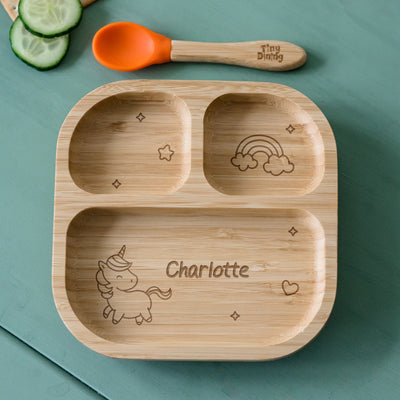Personalised Unicorn Bamboo Suction Plate & Spoon Mealtime Essentials Everything Personal