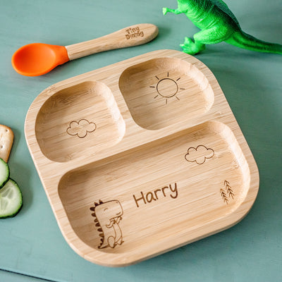 Personalised Dinosaur Bamboo Suction Plate & Spoon Mealtime Essentials Everything Personal