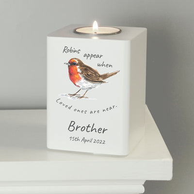 Personalised Robins Appear White Wooden Tea light Holder Candles & Reed Diffusers Everything Personal