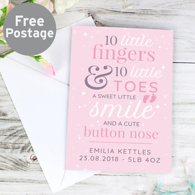 Personalised '10 Little Fingers' Pink Baby Card Greetings Cards Everything Personal