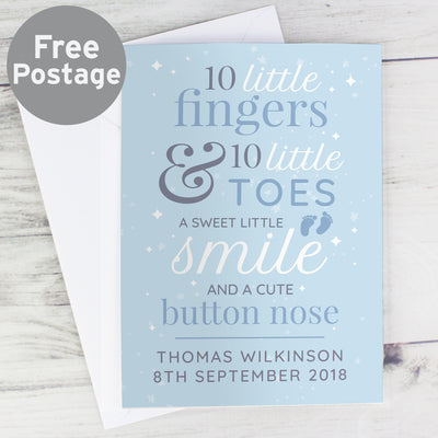 Personalised '10 Little Fingers' Blue Baby Card Greetings Cards Everything Personal