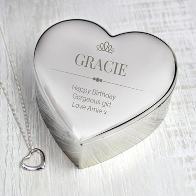 Personalised Elegant Crown Heart Trinket Box & Necklace Set Trinket, Jewellery & Keepsake Boxes Everything Personal