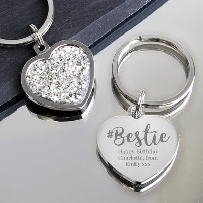Personalised #Bestie Diamante Heart Keyring Keepsakes Everything Personal
