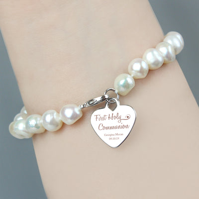 Personalised First Holy Communion Swirls & Hearts White Freshwater Pearl Bracelet Jewellery Everything Personal