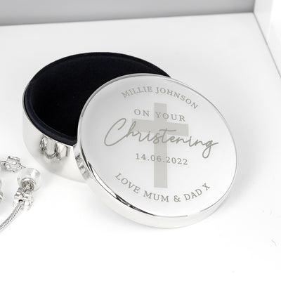 Personalised Christening Round Trinket Box Trinket, Jewellery & Keepsake Boxes Everything Personal