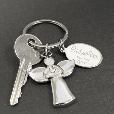 Personalised Silver Plated Swirls & Hearts Godmother Angel Keyring Keepsakes Everything Personal