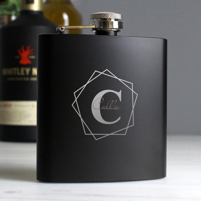 Personalised Geometric Initial Black Hip Flask Glasses & Barware Everything Personal