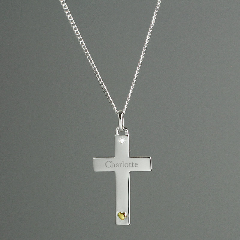 Personalised Sterling Silver Cross with 9ct Gold Heart & CZ Necklace Jewellery Everything Personal