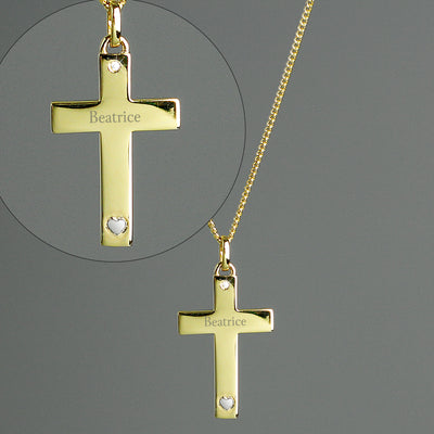 Personalised 9ct Gold Cross with Sterling Silver Heart & CZ Necklace Jewellery Everything Personal
