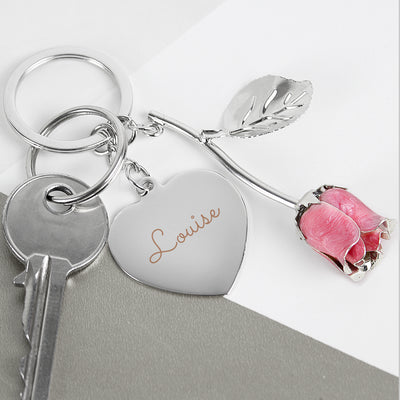 Personalised Silver Plated Pink Rose Keyring Keepsakes Everything Personal