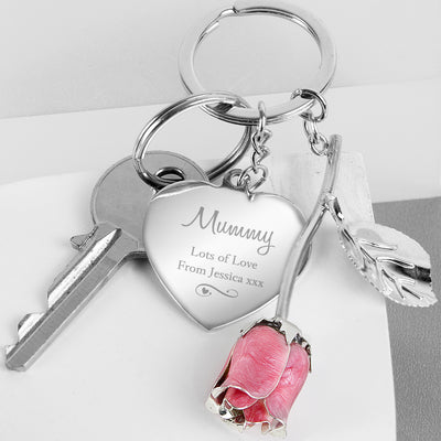 Personalised Silver Plated Swirls & Hearts Pink Rose Keyring Keepsakes Everything Personal