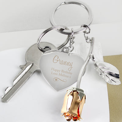 Personalised Silver Plated Swirls & Hearts Rose Gold Rose Keyring Keepsakes Everything Personal