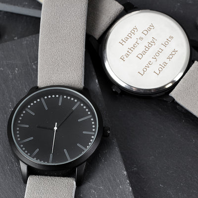 Personalised Mens Matte Black Watch with Grey Strap and Presentation Box Clocks & Watches Everything Personal