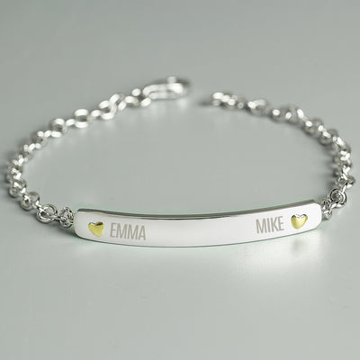 Personalised Two Names Sterling Silver and 9ct Gold Bar Bracelet Jewellery Everything Personal