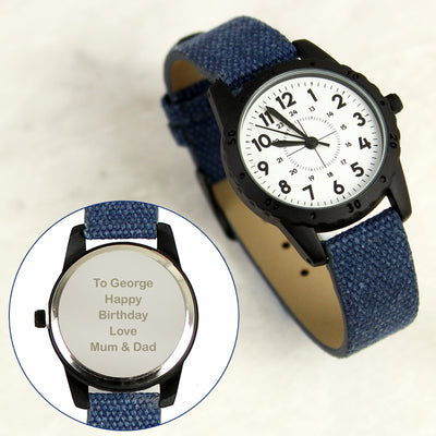 Personalised Black with Blue Canvas Strap Boys Watch Clocks & Watches Everything Personal