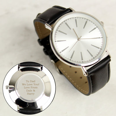 Personalised Silver with Black Leather Strap Watch Clocks & Watches Everything Personal