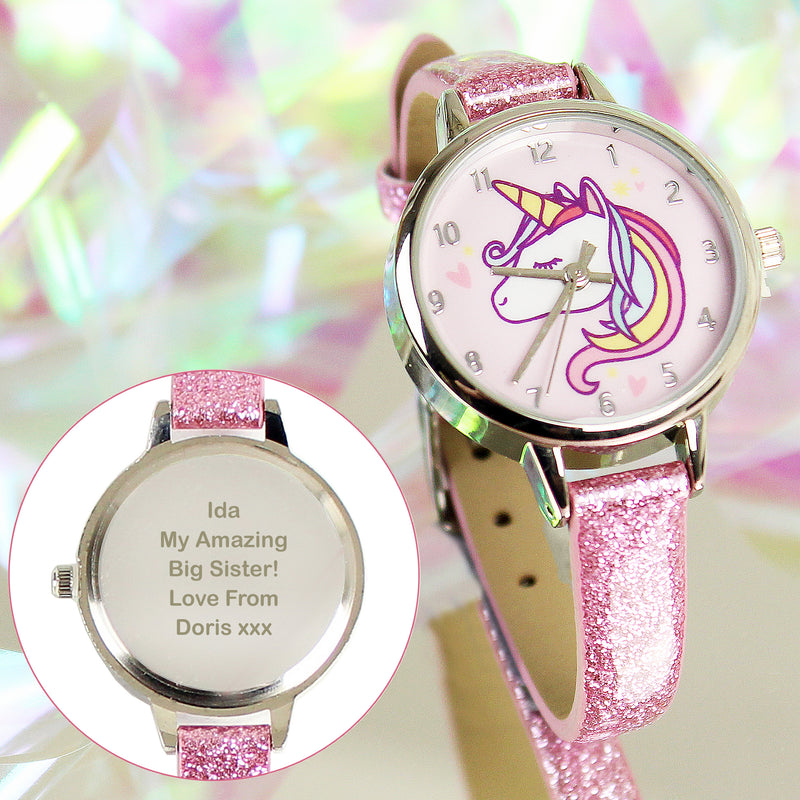 Personalised Unicorn with Pink Glitter Strap Girls Watch Clocks & Watches Everything Personal