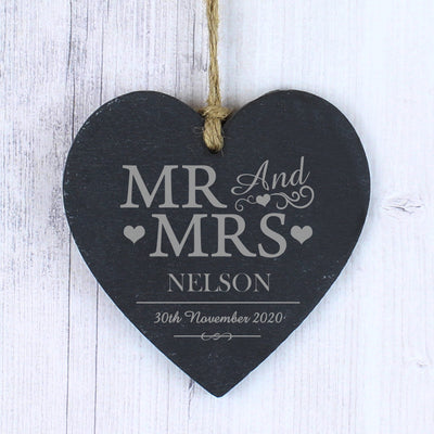 Personalised Mr & Mrs Slate Heart Decoration Hanging Decorations & Signs Everything Personal