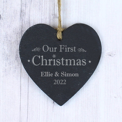 Personalised Our First Christmas Slate Heart Decoration Hanging Decorations & Signs Everything Personal