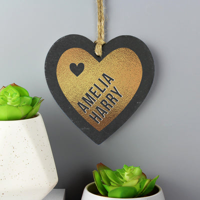 Personalised Couples Gold Printed Slate Heart Decoration Hanging Decorations & Signs Everything Personal