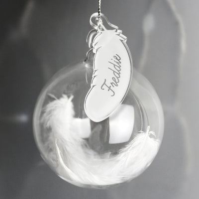 Personalised White Feather Glass Bauble Hanging Decorations & Signs Everything Personal