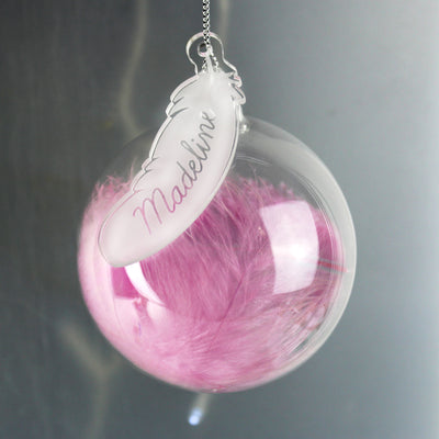 Personalised Pink Feather Glass Bauble Christmas Decorations Everything Personal