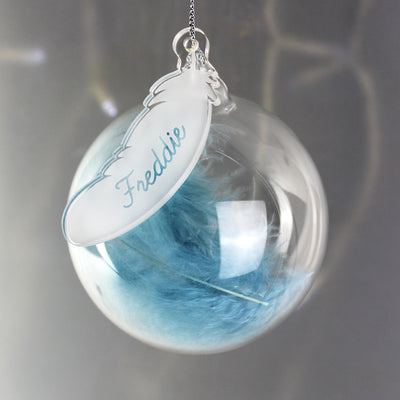 Personalised Blue Feather Glass Bauble Christmas Decorations Everything Personal