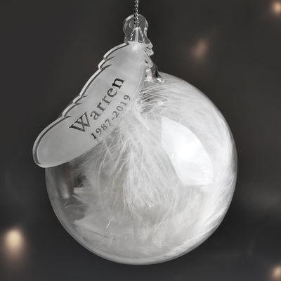Personalised Name & Date Feather Glass Bauble Hanging Decorations & Signs Everything Personal