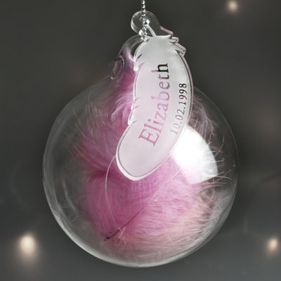 Personalised Name & Date Pink Feather Glass Bauble Christmas Decorations Everything Personal