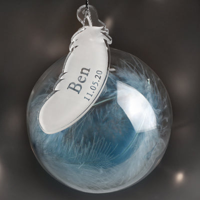 Personalised Name & Date Blue Feather Glass Bauble Christmas Decorations Everything Personal