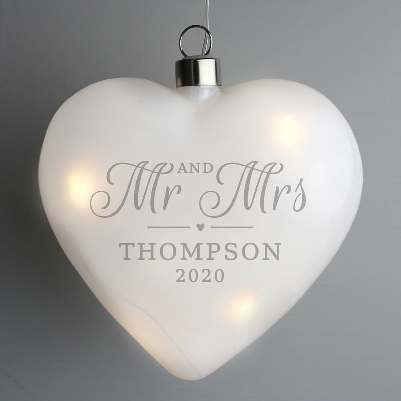 Personalised Mr & Mrs LED Hanging Glass Heart LED Lights, Candles & Decorations Everything Personal
