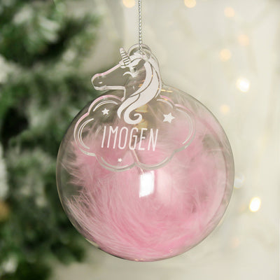 Personalised Pink Feather Glass Bauble With Unicorn Tag Christmas Decorations Everything Personal