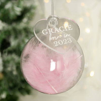 Personalised Born In Pink Feather Glass Bauble With Heart Tag Christmas Decorations Everything Personal