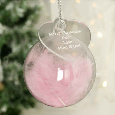 Personalised Free Text Pink Feather Glass Bauble With Heart Tag Christmas Decorations Everything Personal