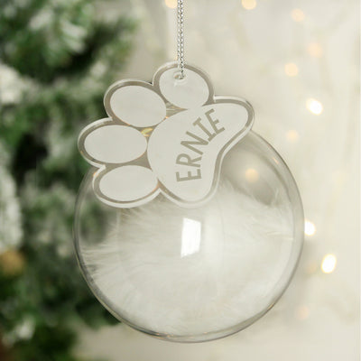 Personalised Pets White Feather Glass Bauble With Paw Print Tag Christmas Decorations Everything Personal