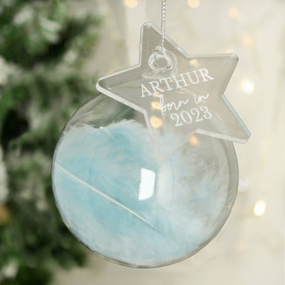 Personalised Born In Blue Feather Glass Bauble With Star Tag Christmas Decorations Everything Personal