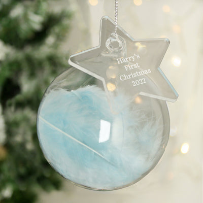 Personalised Free Text Blue Feather Glass Bauble With Star Tag Christmas Decorations Everything Personal