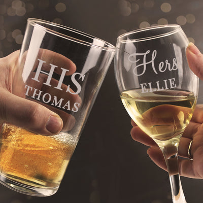 Personalised His & Her Pint and Wine Glass Set Glasses & Barware Everything Personal
