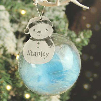 Personalised Snowman Acrylic Blue Feather Bauble Hanging Decorations & Signs Everything Personal